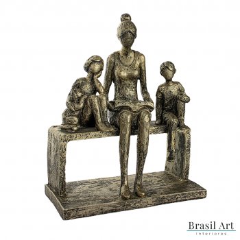 Estátua para Decoração em Dourado com Mãe e Filhos