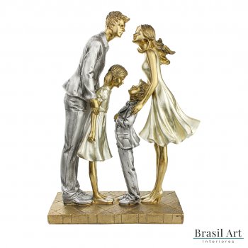 Estátua para Decoração Família Festa com Casal de Filhos Prata