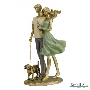 Estátua para Decoração Casal com Filho e Cachorro